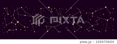 star constellation border. night galaxy space sky map, mystic astrology. Vector background for astronomy, esoteric, tarot, and magic. Chart displaying positions of celestial objects visible in sky 109470604