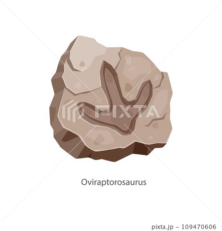 Ancient oviraptorosaurus dinosaur footprint, archeology fossil. Extinct reptile foot archeology stone imprint, Jurassic era animal step evolution museum fossil track or trail, dino vector ground trace 109470606