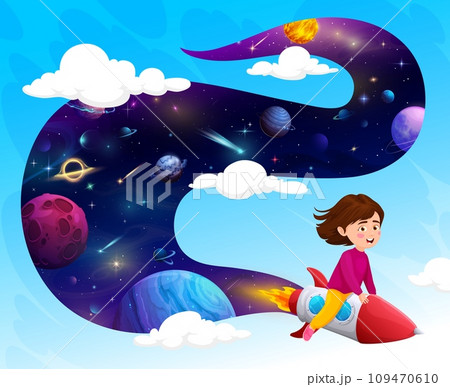 Cartoon kid girl flying on rocket in blue sky, space galaxy adventure vector poster. Outer space exploration and spaceflight travel to galactic planets by kid girl for education or school background 109470610
