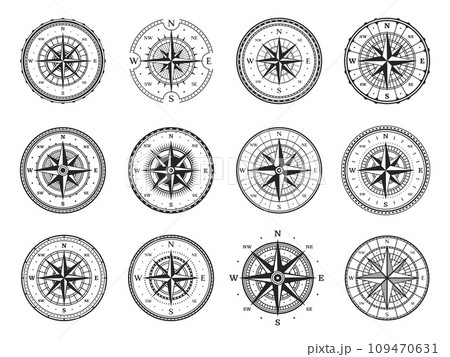 Old compass, vintage map wind rose, marine navigation and nautical cartography, vector direction stars. Retro seafaring compass with south, east, north and west arrow direction on wind rose 109470631