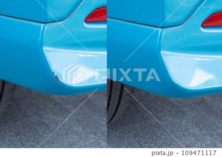 車のリアバンパーのキズ 修理する前と修理した後 クローズアップ 車のリアバンパーのキズ 修理する前と修理した後 クローズアップ 109471117