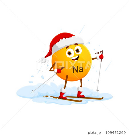 Cartoon Sodium mineral character on ski for winter holiday in Santa hat, vector funny pill. Christmas and New Year happy healthy Sodium or Natrium micronutrient personage on winter sport skiing 109471269
