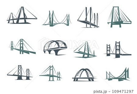 Bridge icons, construction, building and architecture vector symbols. Business and technology company signs of bridge or road gate towers with arches, connection, transportationicons 109471297