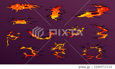 Volcano lava or magma fire on ground cracks, vector cartoon game effect or background. Red yellow volcano magma burn or volcanic eruption hole cracks in ground of molten stone rocks in flame 109471310