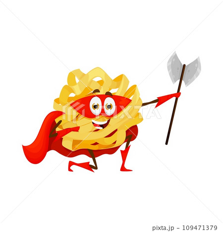 Cartoon pasta superhero, fettuccine character in super hero costume, vector guardian knight. Funny Italian pasta fettuccine in superhero power cape and red mask with knight axe, kids food character Cartoon pasta superhero, fettuccine character in super hero costume, vector guardian knight. Funny Italian pasta fettuccine in superhero power cape and red mask with knight axe, kids food character 109471379