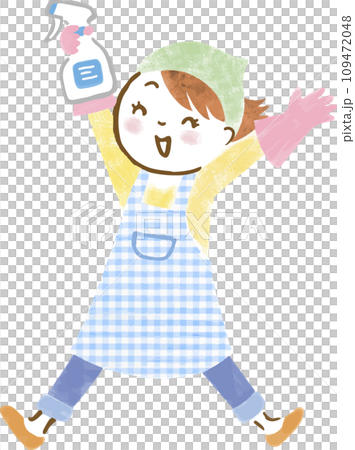 Hand-drawn illustration of a smiling woman in an apron holding a spray gun, wearing rubber gloves, and jumping 109472048