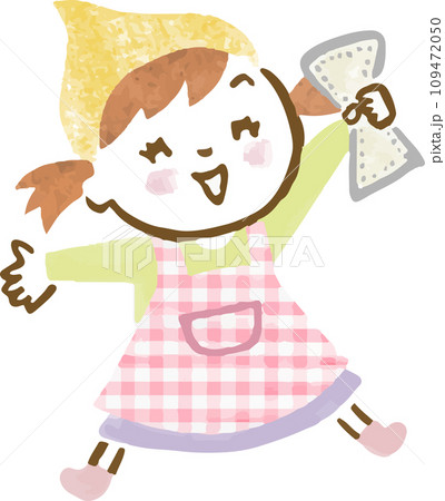 雑巾を持って笑顔でジャンプする女の子の手描きイラスト 109472050