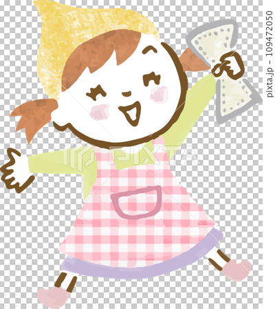 手繪插畫，一個女孩拿著抹布，微笑跳躍 109472050