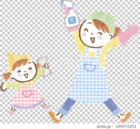 Hand-drawn illustration of a mother and daughter jumping with the intention of cleaning 109472051