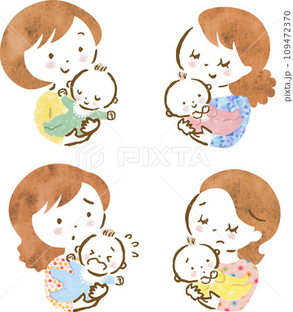 赤ちゃんを抱っこする、色々な表情のお母さんたちの上半身手描きイラストセット 赤ちゃんを抱っこする、色々な表情のお母さんたちの上半身手描きイラストセット 109472370