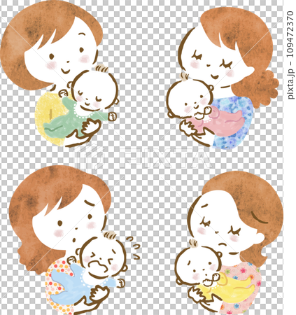 一組手繪的上半身插圖，母親抱著嬰兒，表情各異。 109472370
