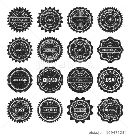 Post stamps, labels and badges. Grunge imprints and postmarks. Vintage circle postcard watermarks. Used envelope design elements. Vector illustration Post stamps, labels and badges. Grunge imprints and postmarks. Vintage circle postcard watermarks. Used envelope design elements. Vector illustration 109473234