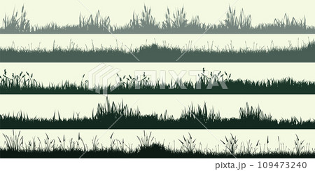 Meadow silhouettes with grass, plants on plain. Panoramic summer lawn landscape with herbs, various weeds. Herbal border, frame element. Green horizontal banners. Vector illustration Meadow silhouettes with grass, plants on plain. Panoramic summer lawn landscape with herbs, various weeds. Herbal border, frame element. Green horizontal banners. Vector illustration 109473240