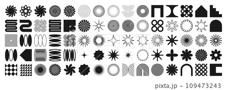 Brutalist geometric shapes, symbols. Simple primitive elements and forms. Bauhaus retro design, trendy contemporary minimalist style. Vector illustration 109473243