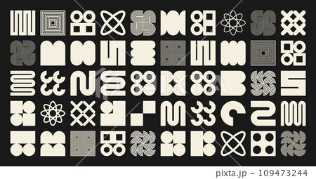 Brutalist geometric shapes, symbols. Simple primitive elements and forms. Bauhaus retro design, trendy contemporary minimalist style. Vector illustration 109473244