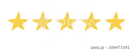 Five star doodle. Hand drawn quality, review yellow five star illustration. Award, quality, feedback concept elements. Sketch grunge style. Isolated vector Five star doodle. Hand drawn quality, review yellow five star illustration. Award, quality, feedback concept elements. Sketch grunge style. Isolated vector 109473391