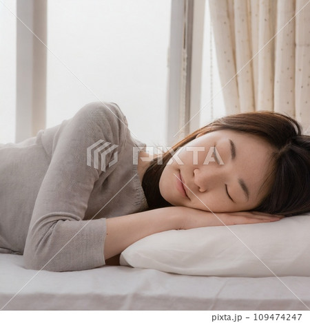 白い壁の部屋で寝る長い髪の女性のAI画像 109474247