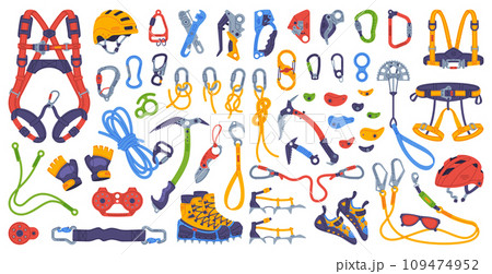 Climbing Equipment with Rope, Pickaxe and Safety Harness Vector Set 109474952