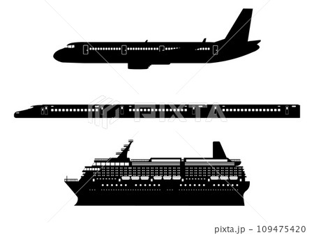 飛行機と新幹線と客船のシルエット 109475420