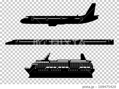 飛行機と新幹線と客船のシルエット 109475420