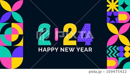 2024 Happy New Year colorful Text logo typography and background design template. greetings with 2024 numbers in the form of colored stained glass. Art design template 2024. Vector illustration. 109475422