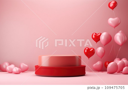 3D podium Valentine heart shaped balloons, Empty stage display presentation product, AI generate 109475705