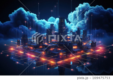 Cloud computing technology concept. Smart city and digital cloud data center.Futuristic big data processing cloud. Generative AI Cloud computing technology concept. Smart city and digital cloud data center.Futuristic big data processing cloud. Generative AI 109475753