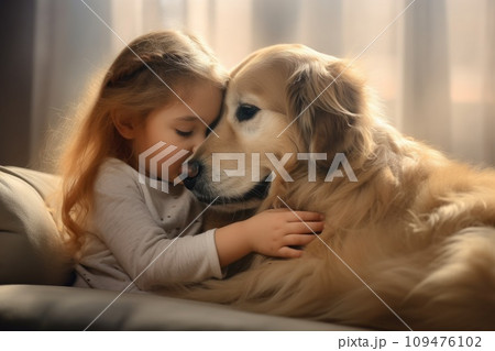 child hugging a friendly dog pet, showing affection .generative ai 109476102
