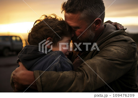 Boy reunites with dad after hostage ordeal. AI generative 109476209