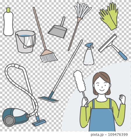 A smiling woman doing a fist pump with lots of cleaning tools A smiling woman doing a fist pump with lots of cleaning tools 109476399