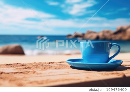 a blue coffee mug with beach sand background . blue Monday concept AI Generative 109476400