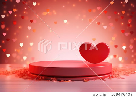 Valentines podium pedestal with 3d pink heart and cloud . generative ai 109476405
