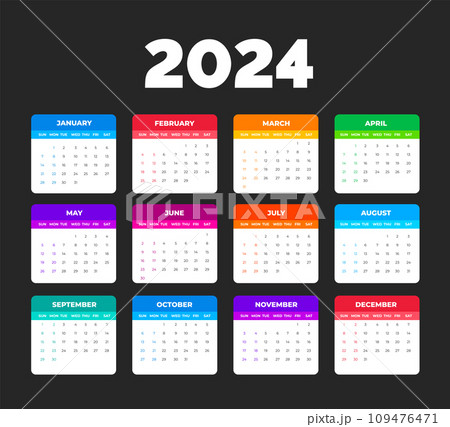 2024 colorful Calendar Desktop Planner Template set. Corporate business wall or desk simple Planner 2024 colorful calendar with week start Sunday.  Set of 2024 Calendar Planner Template bundle. 109476471