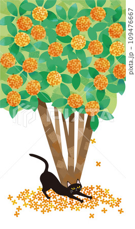 金木犀に黒猫のイラスト素材 [109476667] - PIXTA