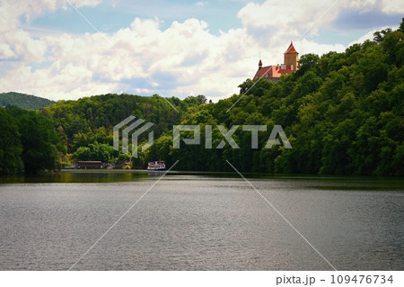 Brno Dam - Czech Republic. Beautiful Czech landscape with forests, lake and blue sky. Recreational area for sports and entertainment. 109476734