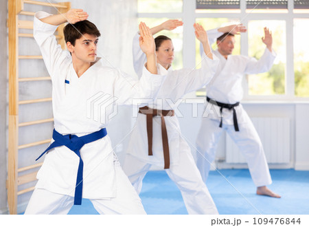 Athletes have starting position and repeating sequence of punches and painful techniques in kata Athletes have starting position and repeating sequence of punches and painful techniques in kata 109476844