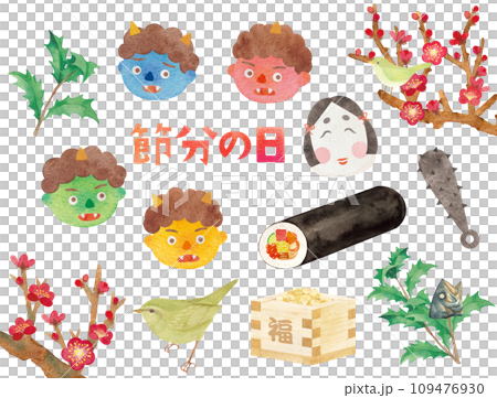 Cute setsubun illustration material drawn in watercolor Cute setsubun illustration material drawn in watercolor 109476930