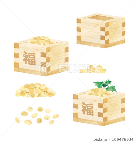 水彩で描いた枡に入った福豆と枡と大豆 109476934