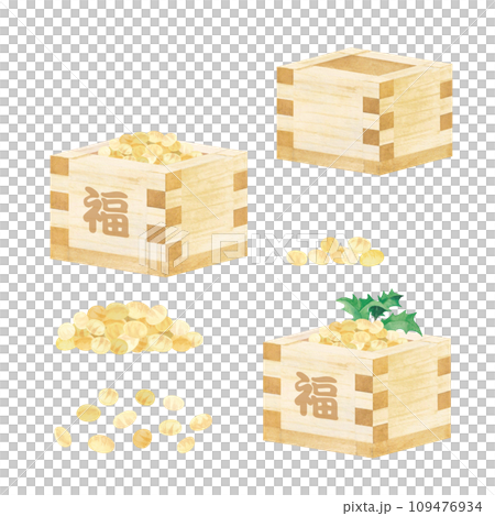 水彩で描いた枡に入った福豆と枡と大豆 109476934