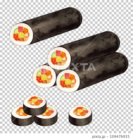 水彩で描いたリアルで美味しそうな巻き寿司のイラスト 109476935