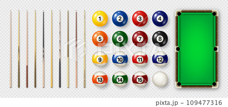 Billiard balls with numbers, various cues and green pool table. Glossy snooker ball. Sports equipment, recreation and hobby, competitive game. Vector illustration Billiard balls with numbers, various cues and green pool table. Glossy snooker ball. Sports equipment, recreation and hobby, competitive game. Vector illustration 109477316