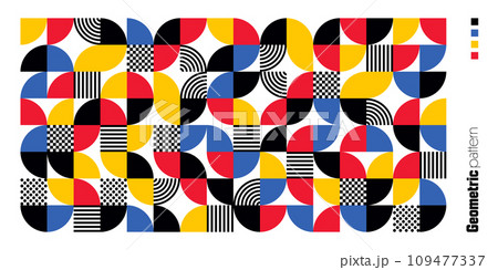 Geometric trendy pattern, Bauhaus style. Modern colorful background with simple elements. Retro texture with basic geometric shapes. Print design, minimalist poster cover. Vector illustration 109477337
