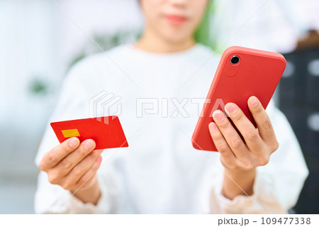 クレジットカードとスマートフォンを持つ女性の手元 109477338