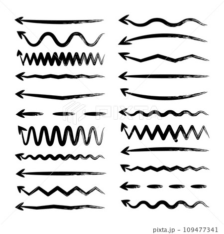 Grunge hand drawn arrows, highlighter lines. Marker stroke, brush pen drawn underline. Handwritten text pointers, notes, marks. Vector illustration 109477341