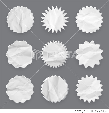 Crumpled paper shopping labels. Sale or discount sticker with cardboard texture. Special offer price tag. Supermarket promotional badge. Sunburst icon. Vector illustration 109477345