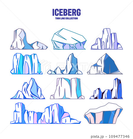 Floating icebergs collection. Drifting arctic glacier, block of frozen ocean water. Icy mountains with snow. Melting ice peak. Antarctic snowy landscape. South and North Pole. Vector illustration. 109477346