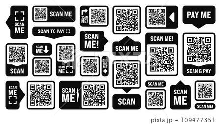 Scan me QR code sticker. Online payment. Special offer sale stickers, shopping discount label or promotional badge. Serial number, product ID. Supermarket retail label, price tag. Vector illustration 109477351
