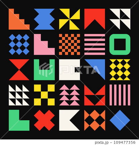 Brutalist geometric shapes, colorful symbols. Simple primitive elements and forms. Bauhaus retro design, trendy contemporary minimalist style. Vector illustration 109477356