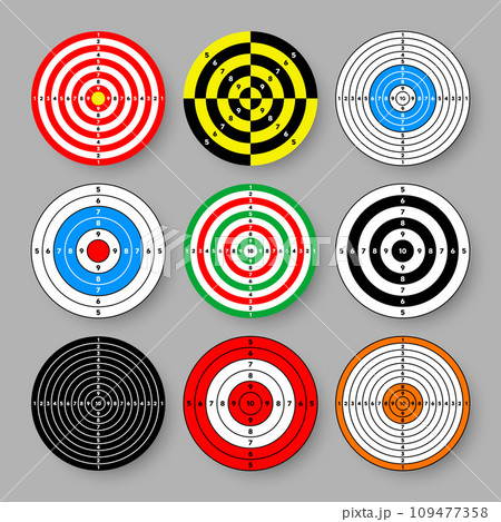 Shooting range paper targets. Round target with divisions, marks and numbers. Archery, gun shooting practise and training, sport competition and hunting. Bullseye and aim. Vector illustration 109477358