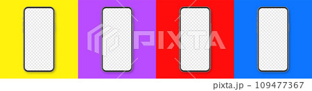 Realistic smartphone with blank touch screen on colorful background. Frameless mobile phone in front view. High quality detailed device mockup. Vector illustration 109477367